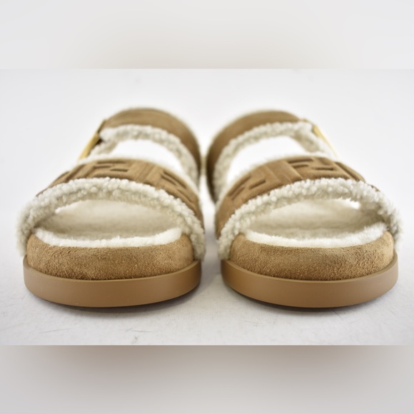 Fendi Feel Slide Shearling Fur Lined Bronze Monogram Logo Mule Flat Sandal 38.5 - Picture 8 of 16